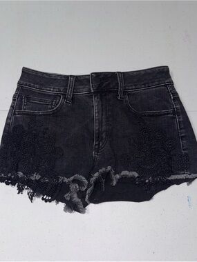 America Eagle Super Super Stretch X Black Lace-Trim Denim Shorts Size 4
